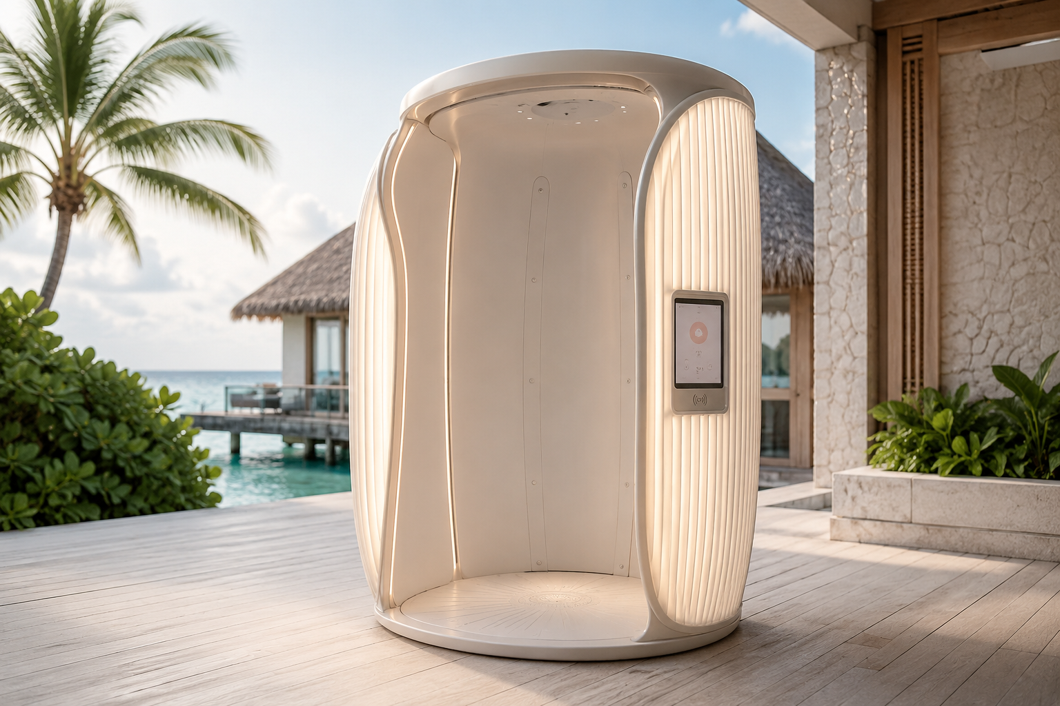 Pearl Cocoon SPF application booth at a tropical luxury resort